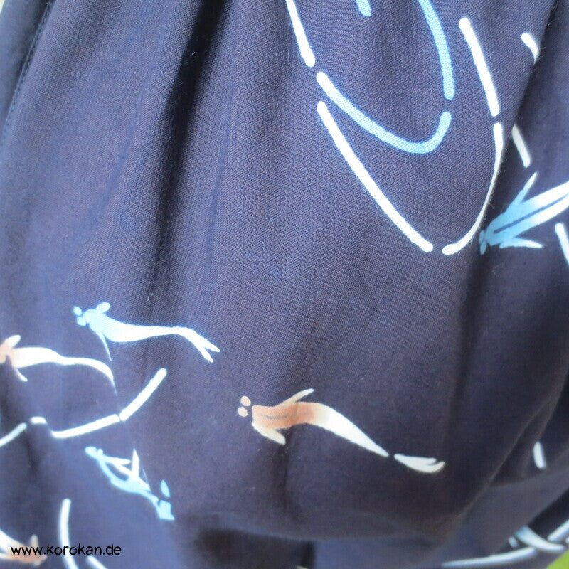 Hose aus Yukata Kimono Baumwolle,Fischschwarm indigo, Durchzugband