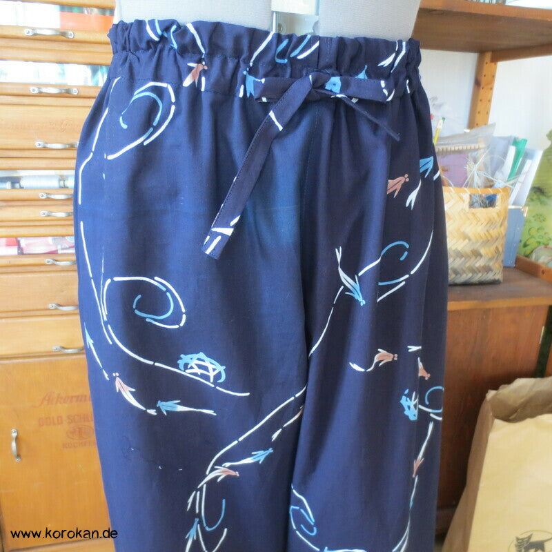 Hose aus Yukata Kimono Baumwolle,Fischschwarm indigo, Durchzugband