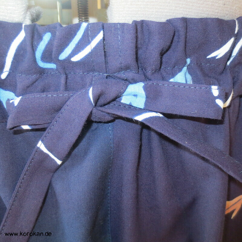 Hose aus Yukata Kimono Baumwolle,Fischschwarm indigo, Durchzugband