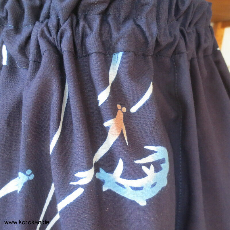 Hose aus Yukata Kimono Baumwolle,Fischschwarm indigo, Durchzugband