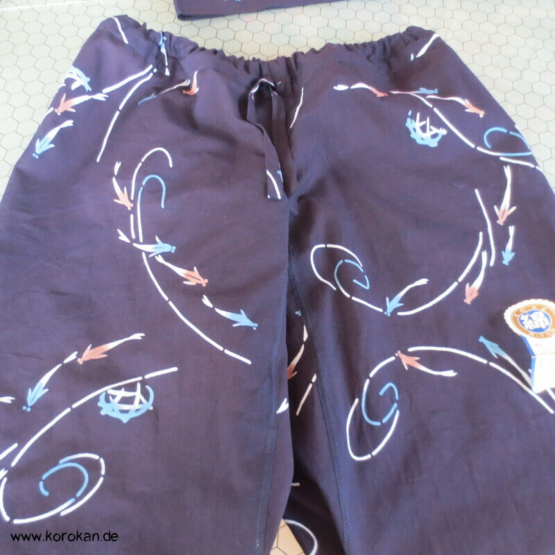 Hose aus Yukata Kimono Baumwolle,Fischschwarm indigo, Durchzugband