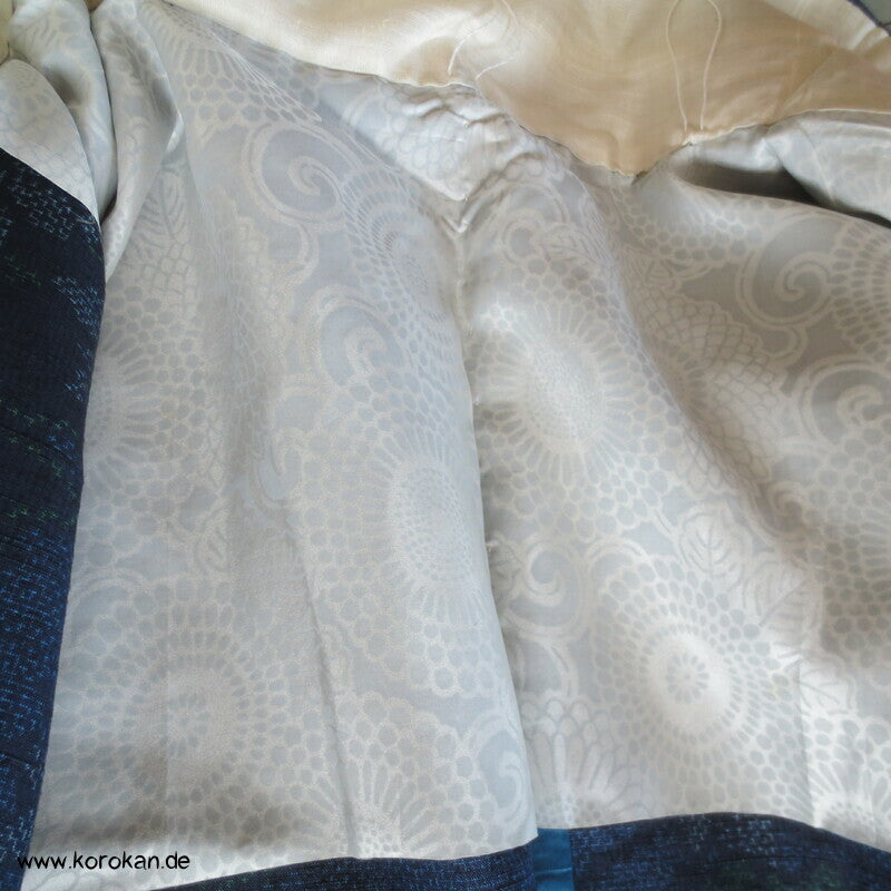 abstrakte Blumen Kasuri Tokamachi Tsumugi Seiden Kimono, teilgefüttert
