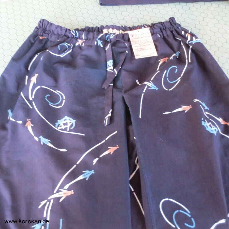 Hose aus Yukata Kimono Baumwolle,Fischschwarm indigo, Durchzugband