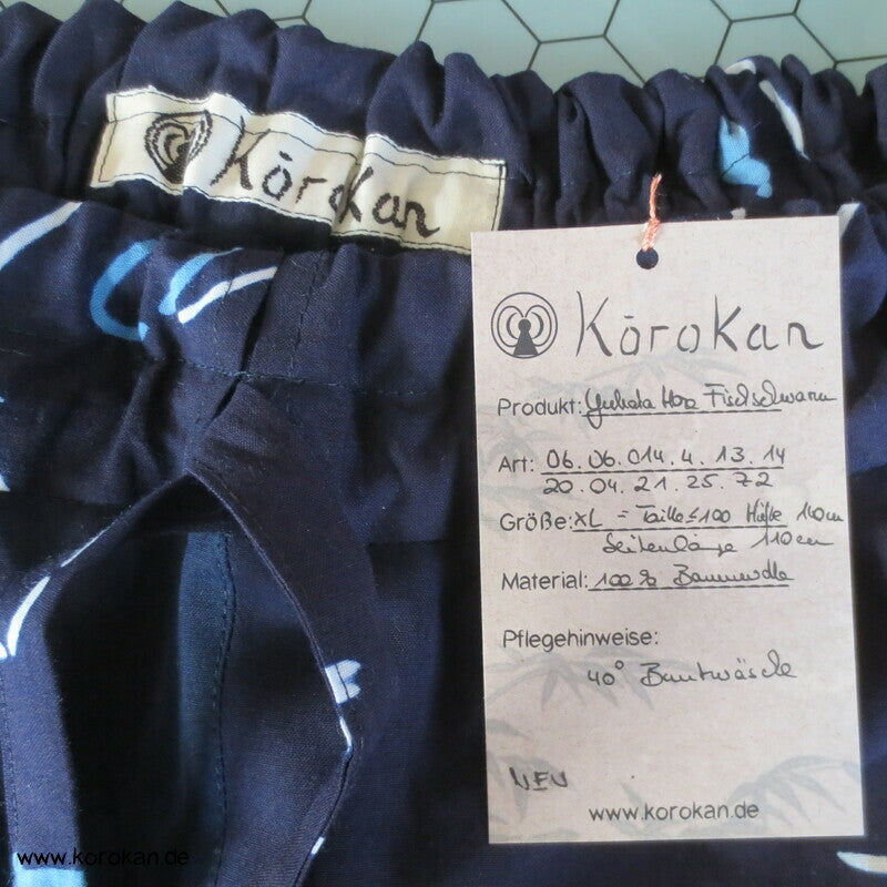Hose aus Yukata Kimono Baumwolle,Fischschwarm indigo, Durchzugband