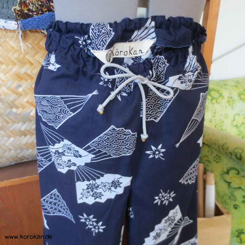 Hose aus Yukata Kimono Baumwolle mit Gummizug und Durchzugband, Gr. L
