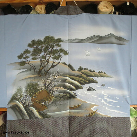Uferlandschaftsfutter Haori Kimonojacke, hellgrau - taupe Seide