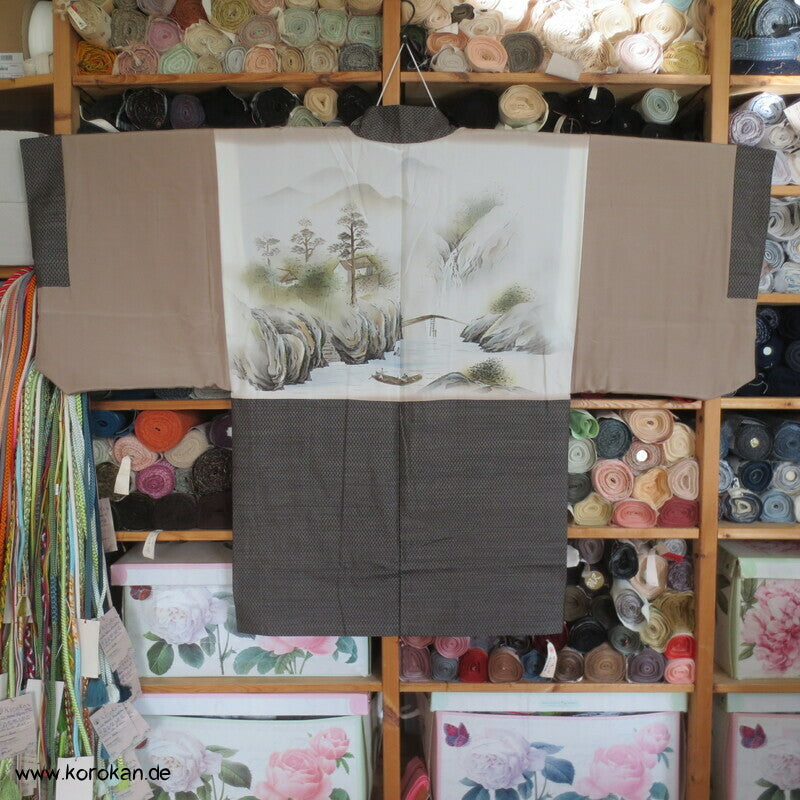 braune Seiden Tsumugi Haori mit Wasserfall Futter