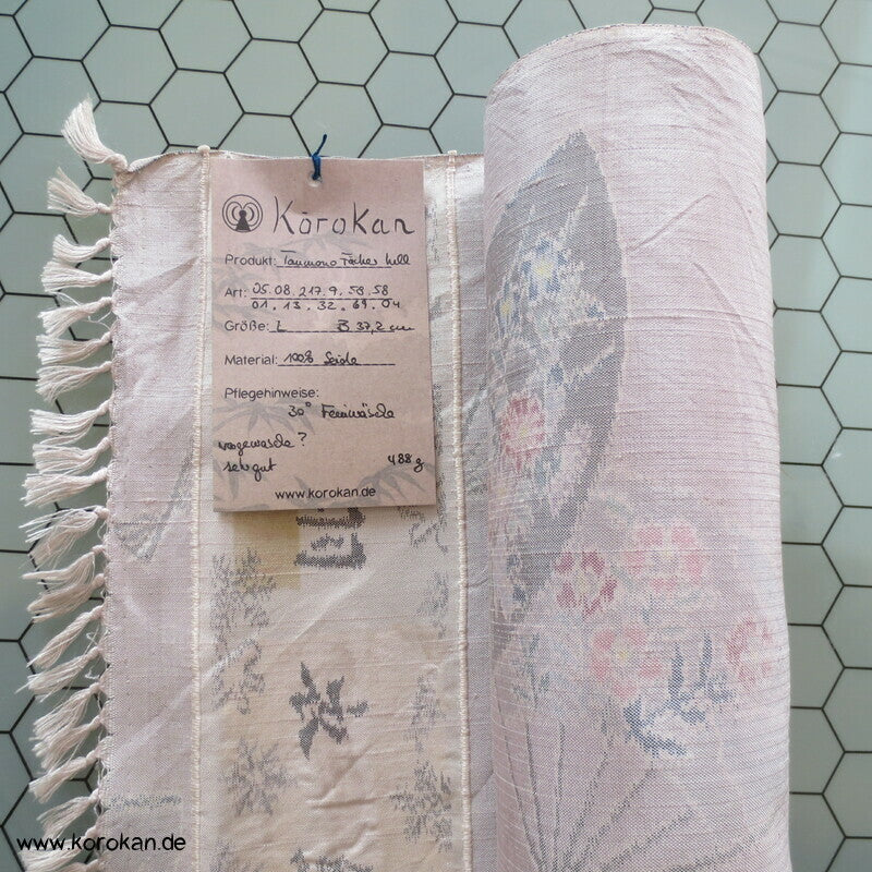 Fächer Kasuri, blasslila Tsumugi Kimono Seide