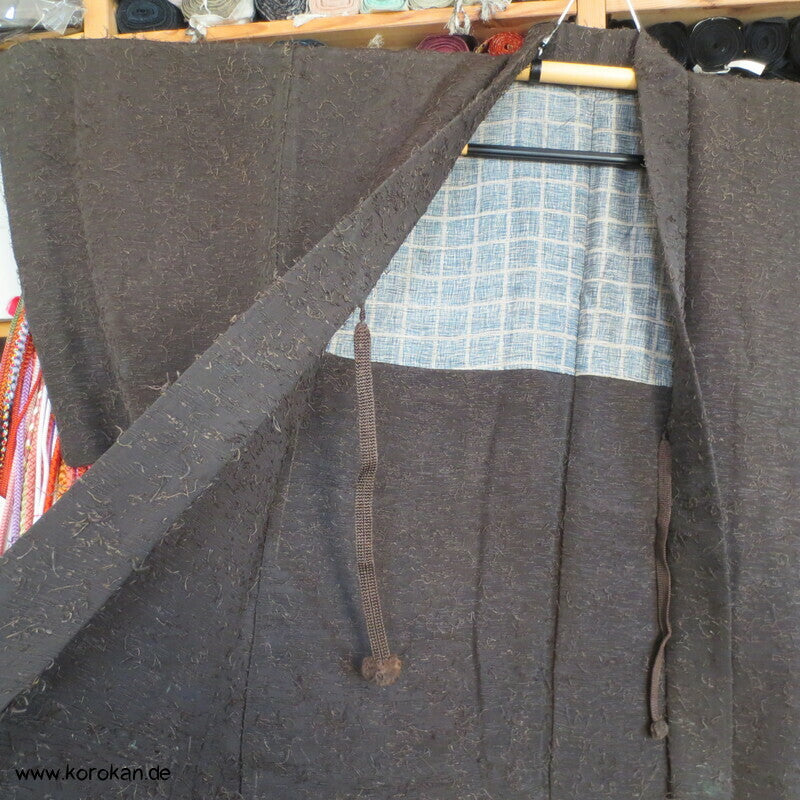 zotteliger Fushi Tsumugi Haori Kimono Jacke, mit Himo