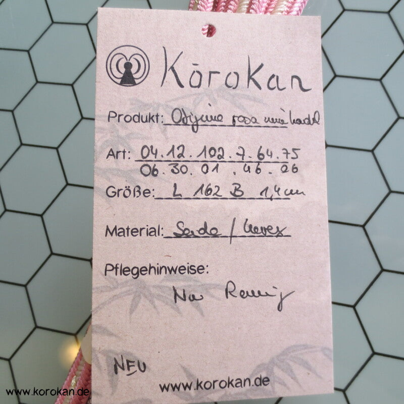 rosa weiß goldener Obijime, Seide / Lurex, innenliegende Kordel, neu mit Etikett