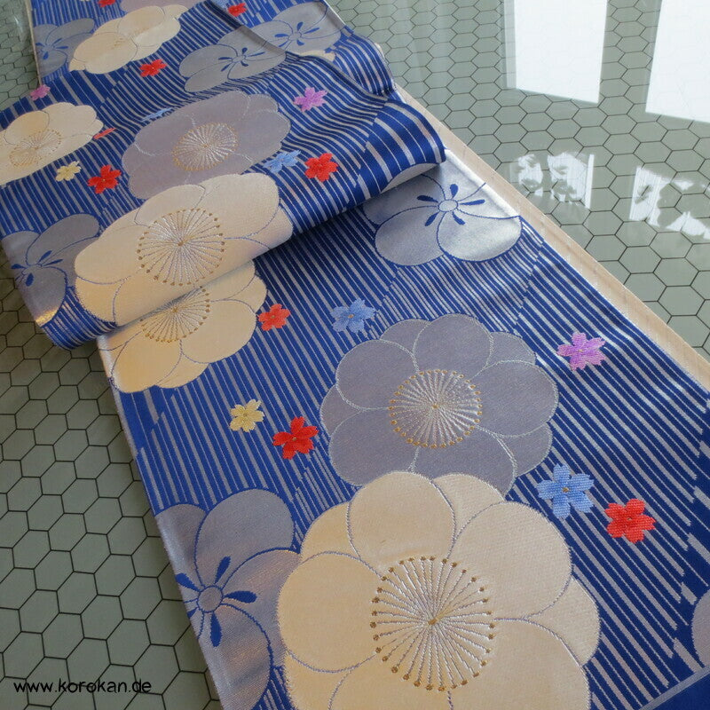 Ume blau silber Fukuro Obi, Nishijin Seidenbrokat Originaletiketten, Kimonogürtel