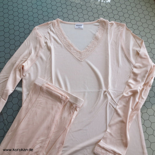 Reine Seide Pyjama / lange Unterwäsche, blush mit Spitze, Gr. XL