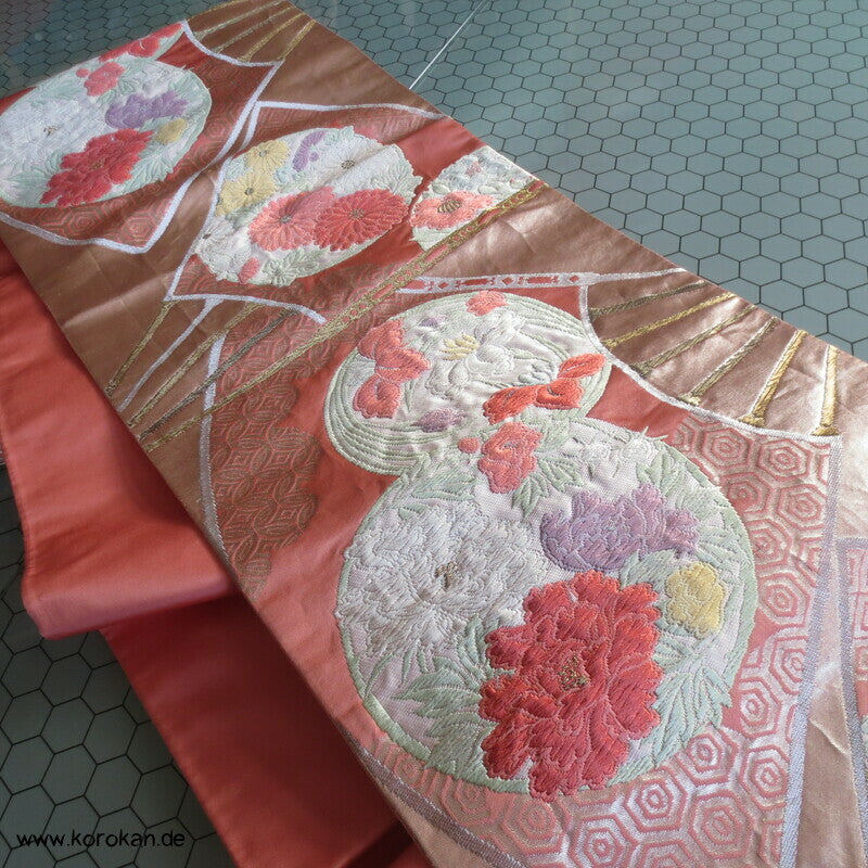 Fukuro Obi Seidenbrokat Blüten Mon Fächer