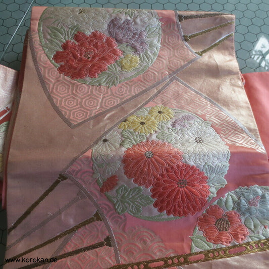 Fukuro Obi Seidenbrokat Blüten Mon Fächer