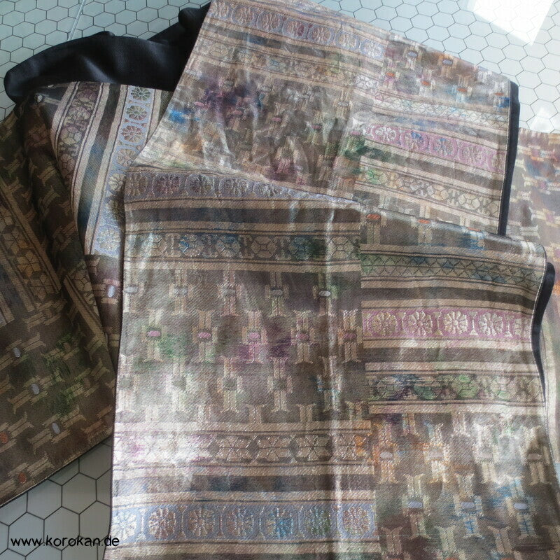 doppelseitiger Fukuro Obi, Glanz und Schwarz Seidenbrokat Kimonogürtel