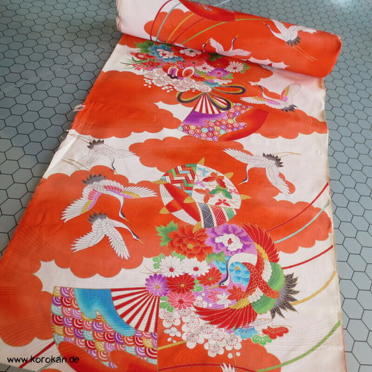 Kranich, Kusudama Kinderkimono Seiden Rinzu Damast