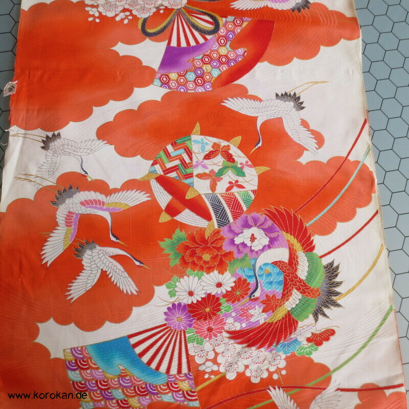 Kranich, Kusudama Kinderkimono Seiden Rinzu Damast