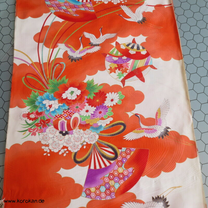Kranich, Kusudama Kinderkimono Seiden Rinzu Damast