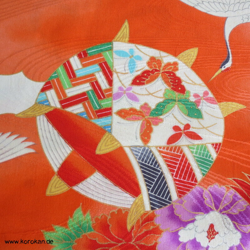 Kranich, Kusudama Kinderkimono Seiden Rinzu Damast