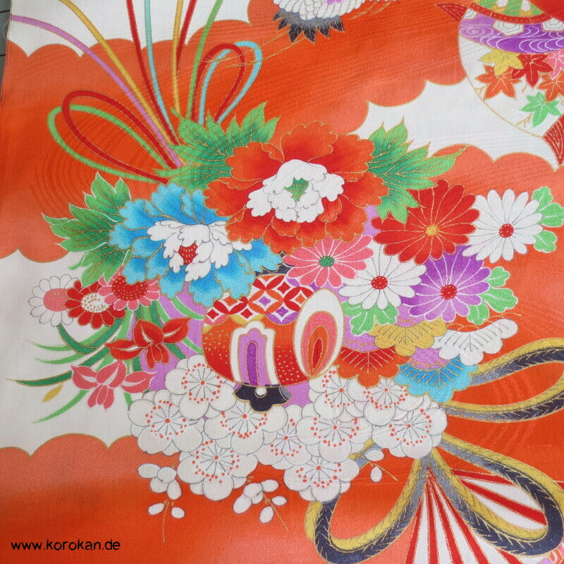 Kranich, Kusudama Kinderkimono Seiden Rinzu Damast