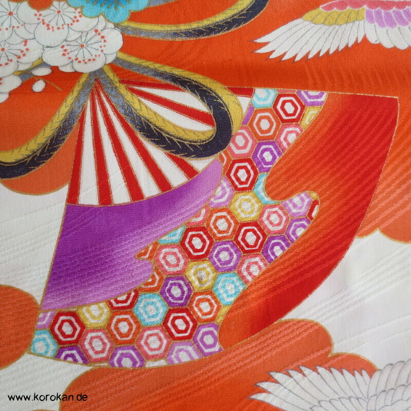 Kranich, Kusudama Kinderkimono Seiden Rinzu Damast