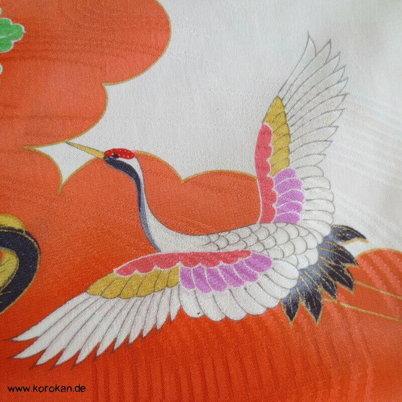 Kranich, Kusudama Kinderkimono Seiden Rinzu Damast