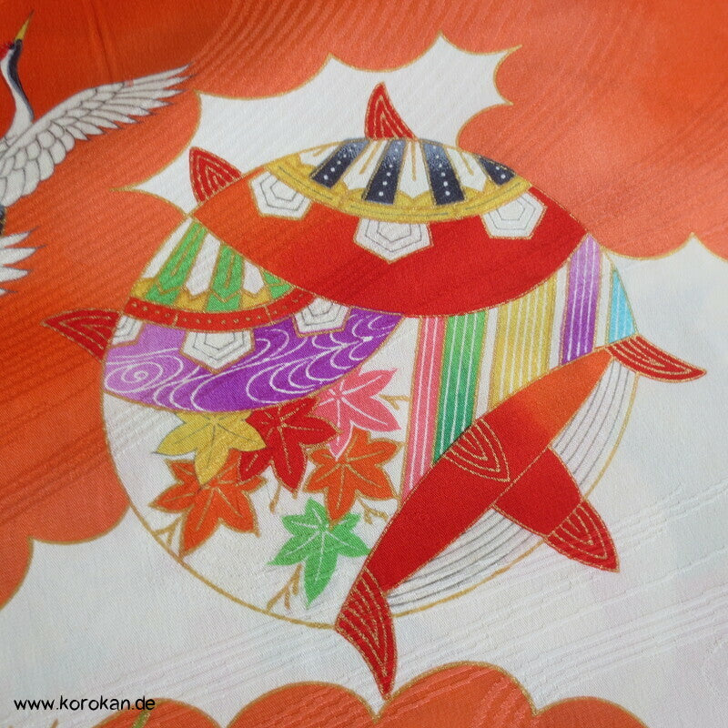 Kranich, Kusudama Kinderkimono Seiden Rinzu Damast