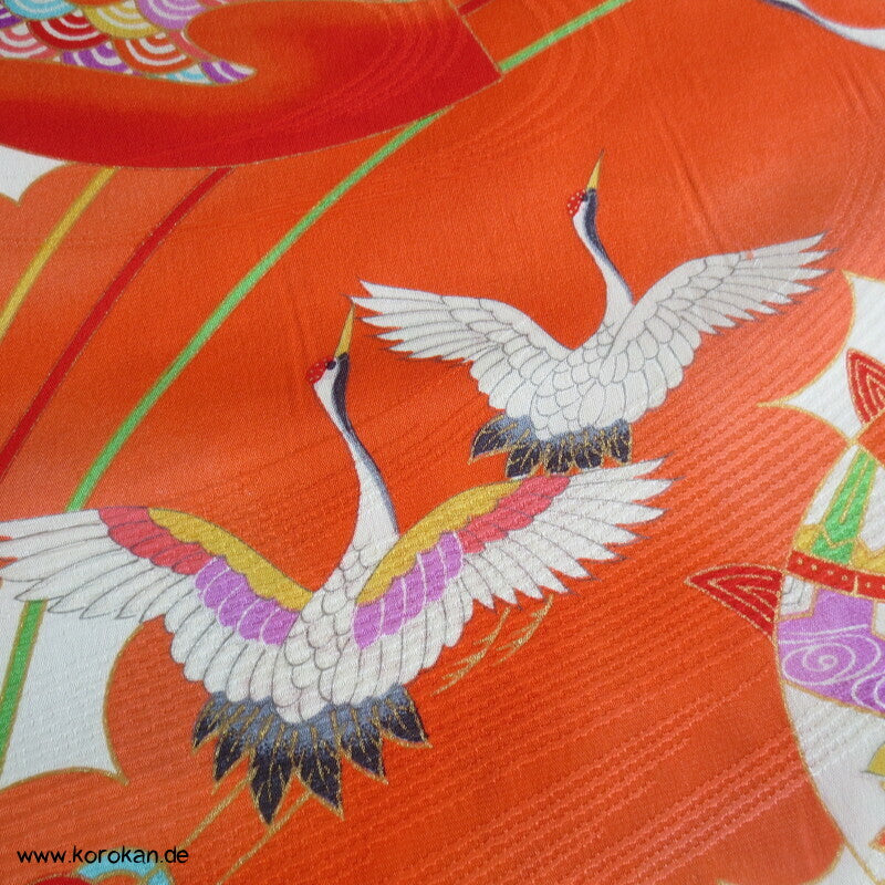 Kranich, Kusudama Kinderkimono Seiden Rinzu Damast