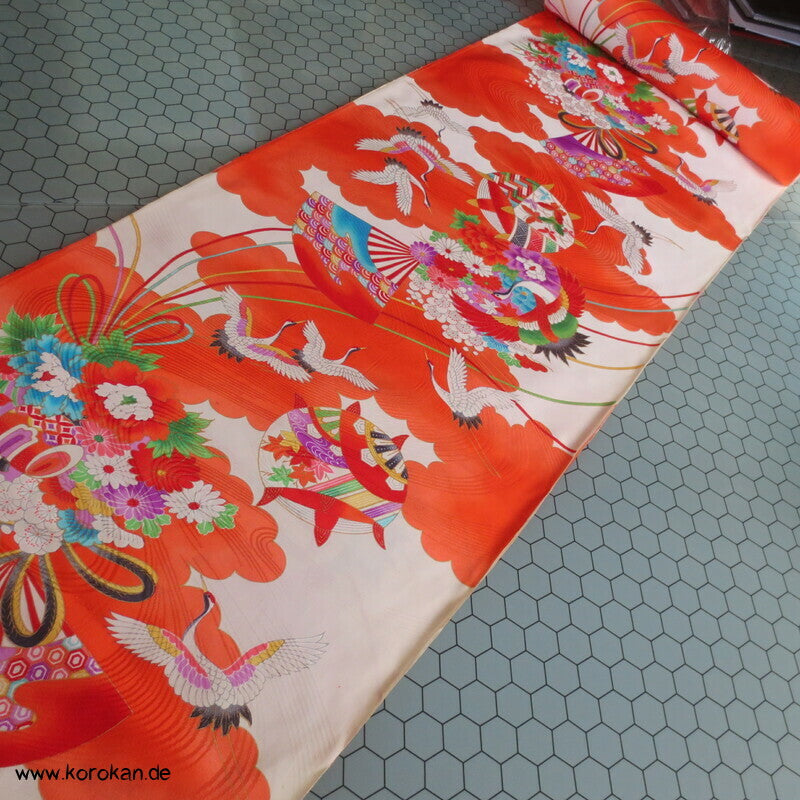 Kranich, Kusudama Kinderkimono Seiden Rinzu Damast