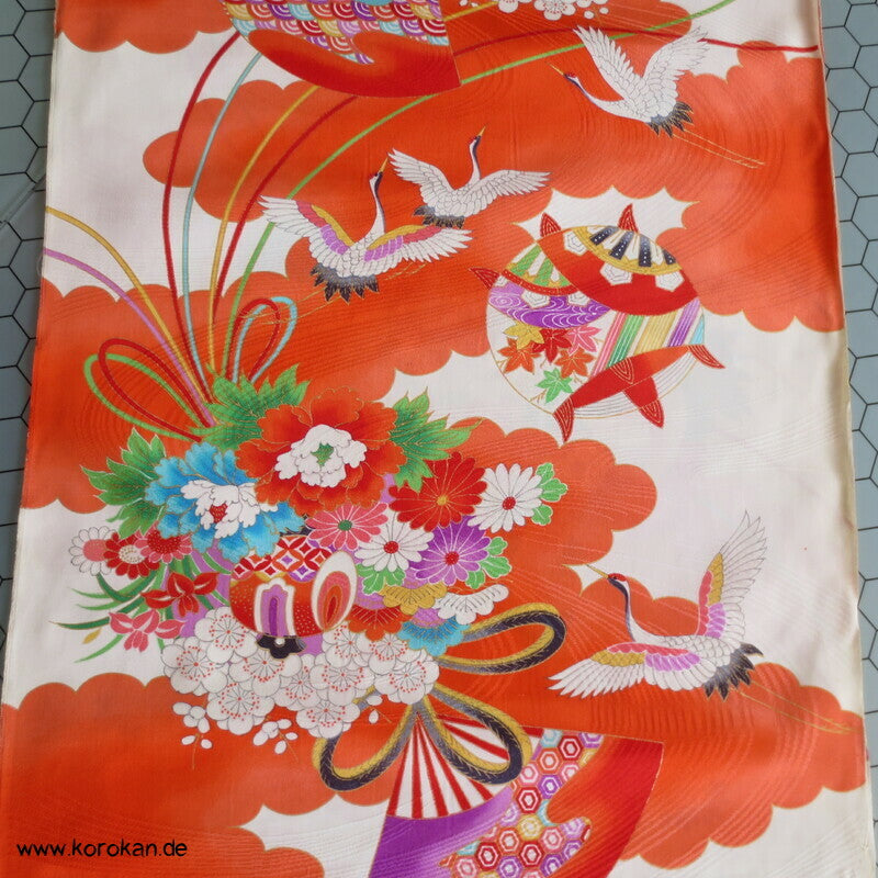 Kranich, Kusudama Kinderkimono Seiden Rinzu Damast