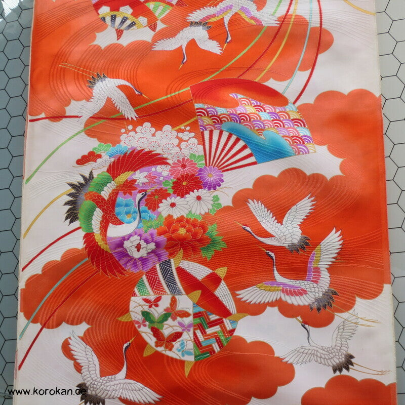 Kranich, Kusudama Kinderkimono Seiden Rinzu Damast