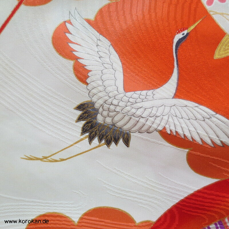 Kranich, Kusudama Kinderkimono Seiden Rinzu Damast