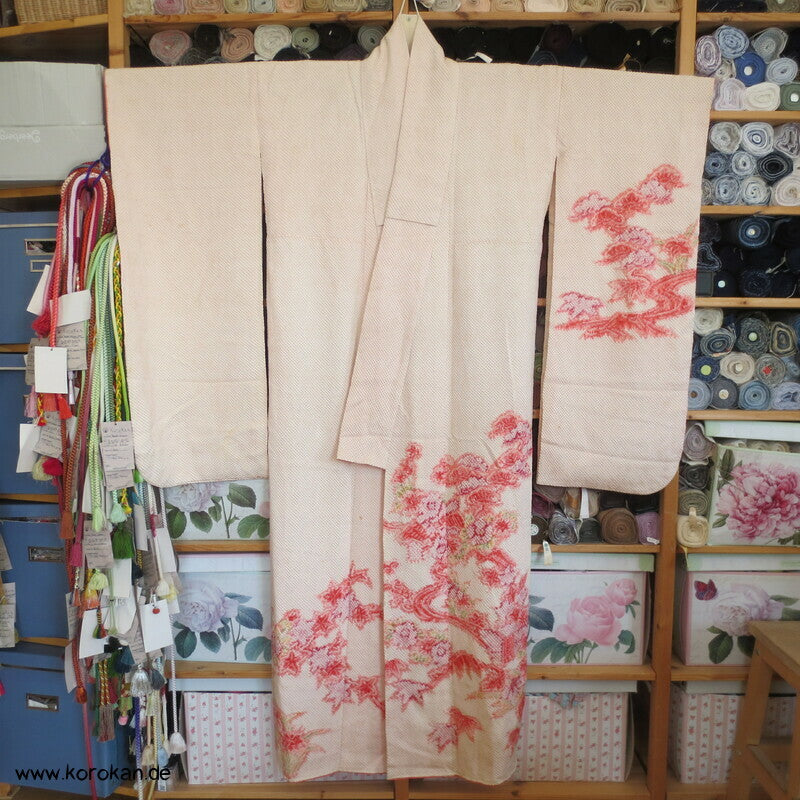 Full Shibori Blüten auf rosa Seidendamast Furisode Kimono