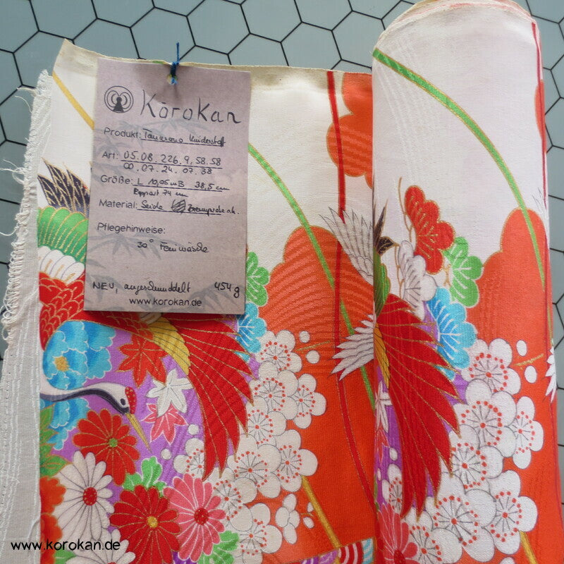 Kranich, Kusudama Kinderkimono Seiden Rinzu Damast