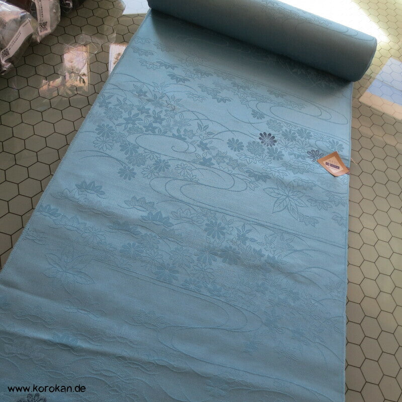 Lurex Blüten, Fluss, Ahornblätter Seide/ Wolle Kimono Jacquard - himmelblau
