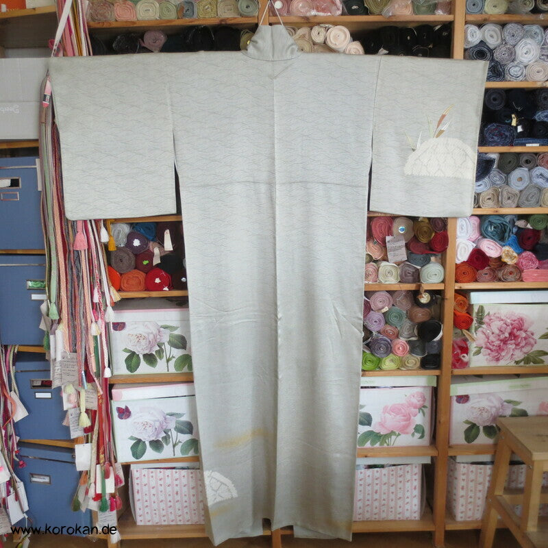 Schilflandschaft mit Bambusgittern Seidendamast mit Shibori Homongi Kimono