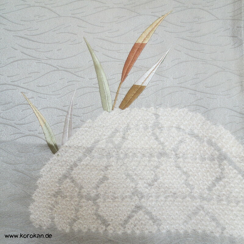 Schilflandschaft mit Bambusgittern Seidendamast mit Shibori Homongi Kimono
