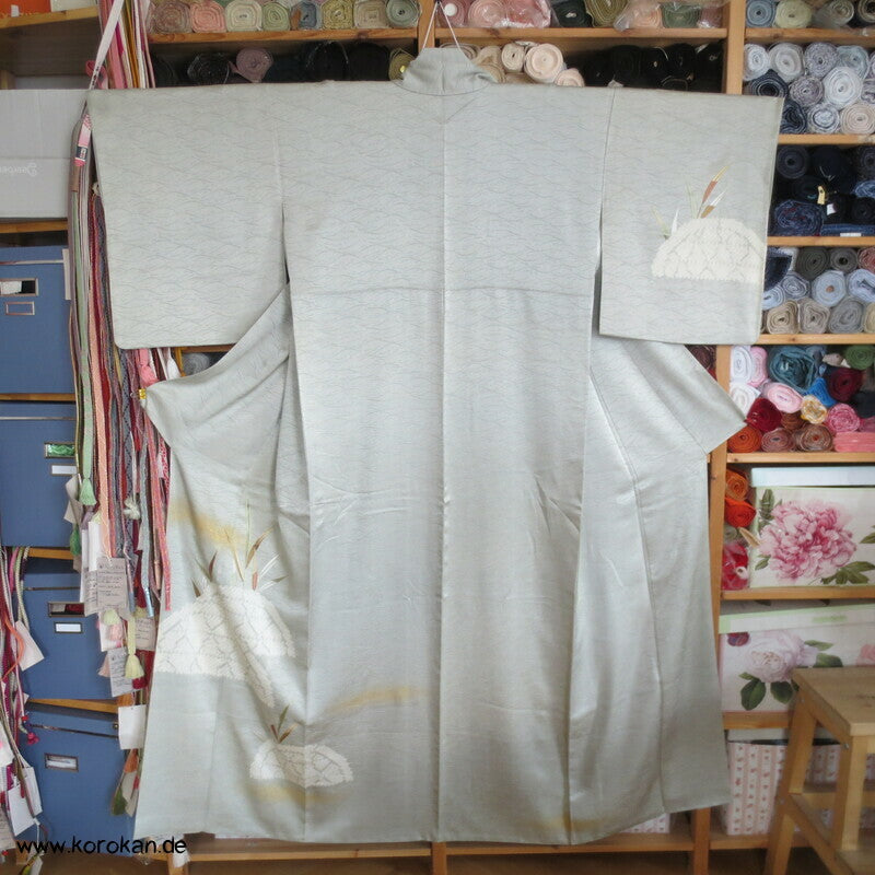 Schilflandschaft mit Bambusgittern Seidendamast mit Shibori Homongi Kimono