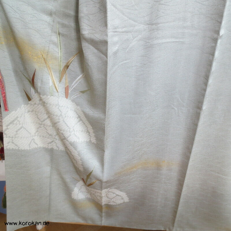 Schilflandschaft mit Bambusgittern Seidendamast mit Shibori Homongi Kimono