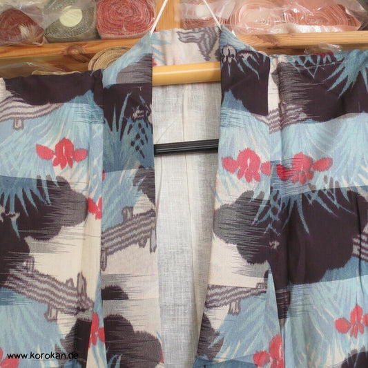 Krepp Seiden Meisen Komon Kimono mit Wolken, Steg und Iris Blüten