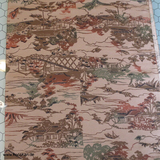erdfarben Bingata Häuser Kimono Chirimen Seiden Crepe