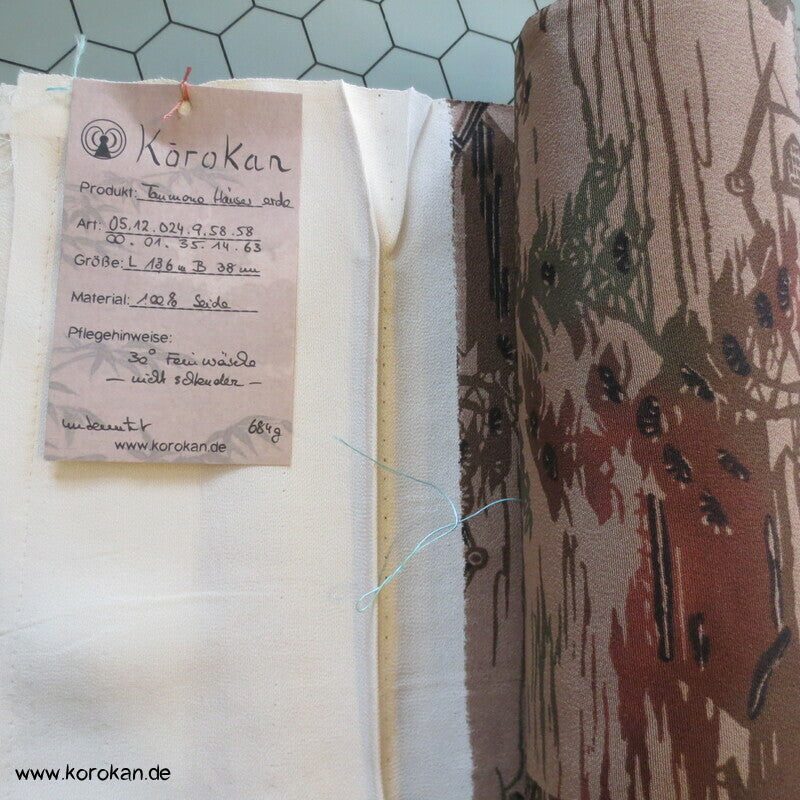 erdfarben Bingata Häuser Kimono Chirimen Seiden Crepe