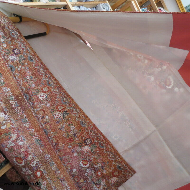 Blumenarabeskenstreifen, Golddruck Seidendamast Komon Kimono