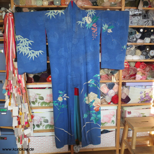 antiker Rinzu Seiden Damast Homongi Kimono, teilbestickt