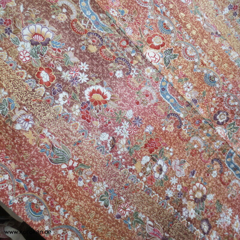 Blumenarabeskenstreifen, Golddruck Seidendamast Komon Kimono