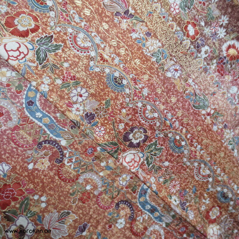 Blumenarabeskenstreifen, Golddruck Seidendamast Komon Kimono