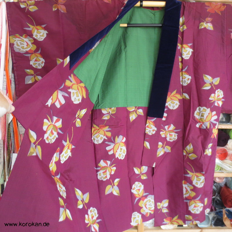 weinrote Meisen Seide / blaue Samtbelege, große Dochugi Kimono Jacke