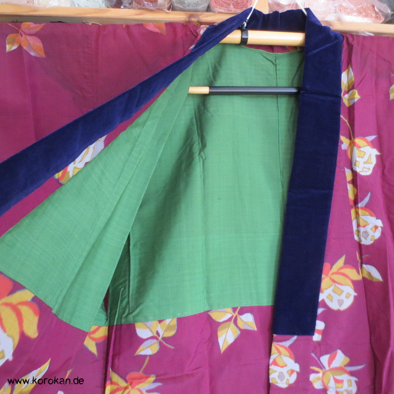 weinrote Meisen Seide / blaue Samtbelege, große Dochugi Kimono Jacke