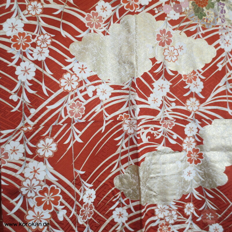 Golddruck /-stickerei, Blütenzweigen, Seidendamast Wolken Furisode Kimono