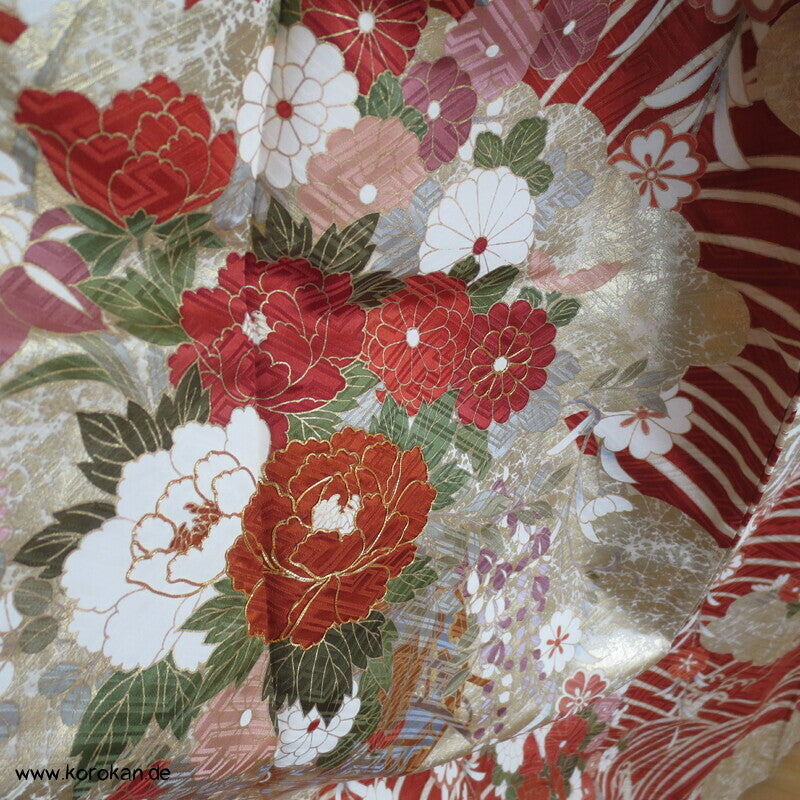 Golddruck /-stickerei, Blütenzweigen, Seidendamast Wolken Furisode Kimono